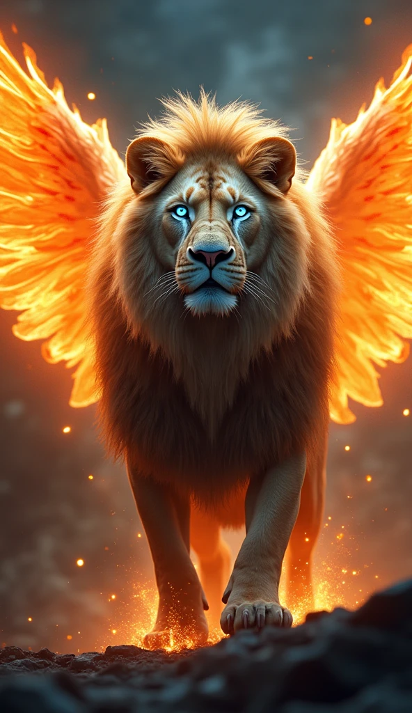 Gerenuma ultra realistic 8k image of a lion with angel wings on fire strong, big fit ass , handsome with blue eyes