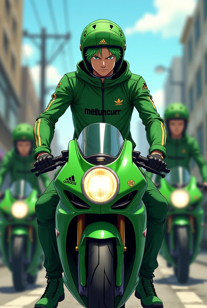 Anime One Piece Zoro is joining the moped motorcycle group , Green motorcycle clothing color , on the front of all the clothes there is the word Meluncurr , Adidas samba clothing brand