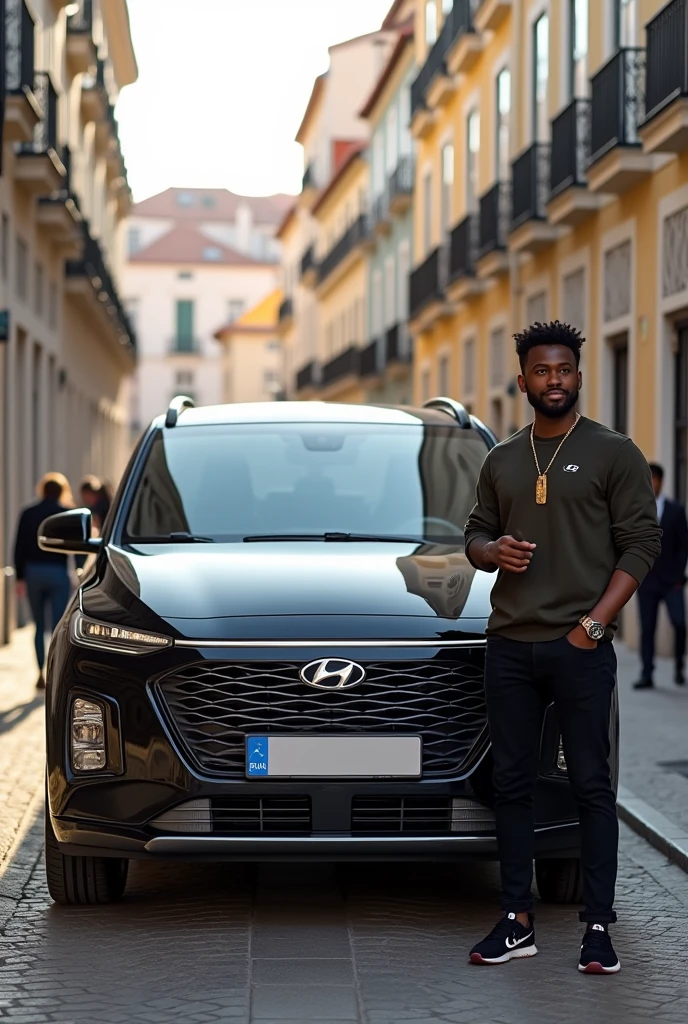 A black Hyundai Staria 9 seater, in the cities of Lisbon, next to a young black man dressed in simple clothes, with gold watch.