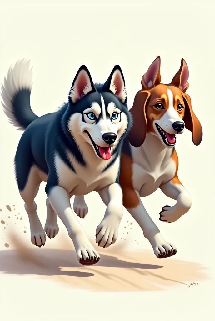 Image for a running club logo with an adult Siberian husky and an adult short-legged tricolor long-eared basset hound running towards the finish line as if they were in a race, that the animation is more realistic and detailed 