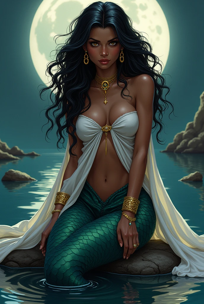 drawing line in dc comics style art, A bipedal, dark-skinned mermaid of enchanting beauty, long black hair covering her bare breasts with her crossed legs covering her intimate parts while a light, almost transparent white satin cloth falls down her back and brown eyes, com braceletes, Golden Earrings & Rings, sitting on a rock in the middle of a river in the moonlight, half dark academia
