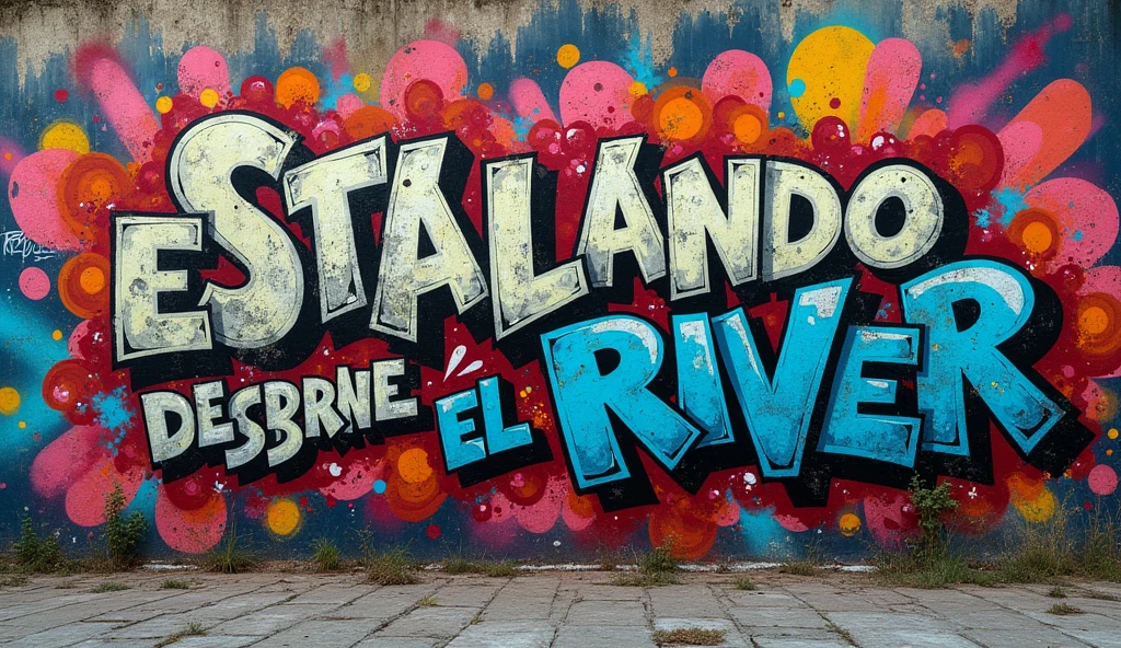 a colorful graffiti wall, detailed graffiti art, multicolored graffiti, urban graffiti, detailed graffiti text "ESTALLANDO SOBRE EL RIO", gritty graffiti, vibrant graffiti, street art, urban environment, highly detailed graffiti, photorealistic graffiti, (best quality,8k,highres,masterpiece:1.2),ultra-detailed,(realistic,photorealistic,photo-realistic:1.37),intricate graffiti, vivid colors, dynamic composition, urban decay, grungy textures