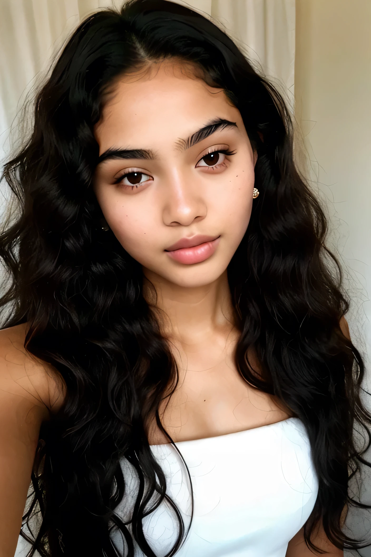 Wet and long afro hair, small, black eyes, female, thin eyebrows, elegant, round face, soft feminine features, rosy cheeks, plump lips, Beauty marks, photoshoot,model, seductive, black skin, elegant, glam makeup, timeline: 2001, majestic, beautiful, sexy, designer clothing, sexy, designer suit, selfie like, teenager