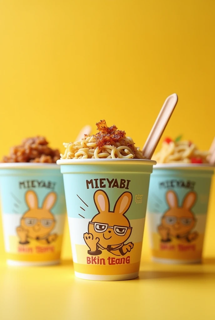 Various Sterofom Cup: three in the same photo Cooked noodles topped with fried onion, salt and pepper, fried egg, capital letter on the cup says "MIEYABI" and small letter says "Bikin" "Tegang", and a cup with the image of one of several super cute Indonesian rabbits, extra large and fat body, wearing wire frame glasses and a sailor suit, in a crawling pose, cup of noodles in with yellow white and light blue color around, cup of noodles showing the noodles coming out. studio pastel yellow background. very detailed. amazing. fantastic. photography. cinematic, photorealistic. focus MIEYABI, Bikin Tegang, very focused