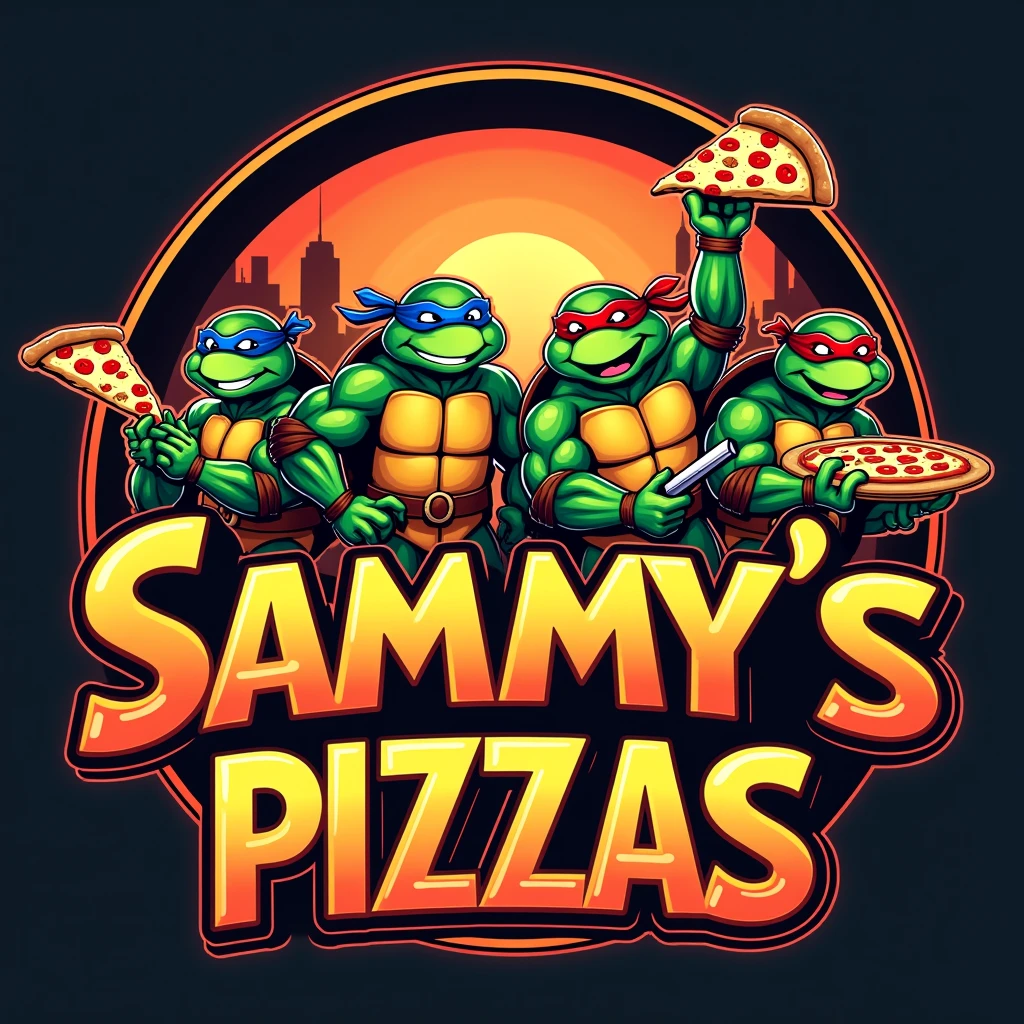 Make a Ninja Turtles pizzeria logo with 4 turtles that says SAMMY&#39;S PIZZAS