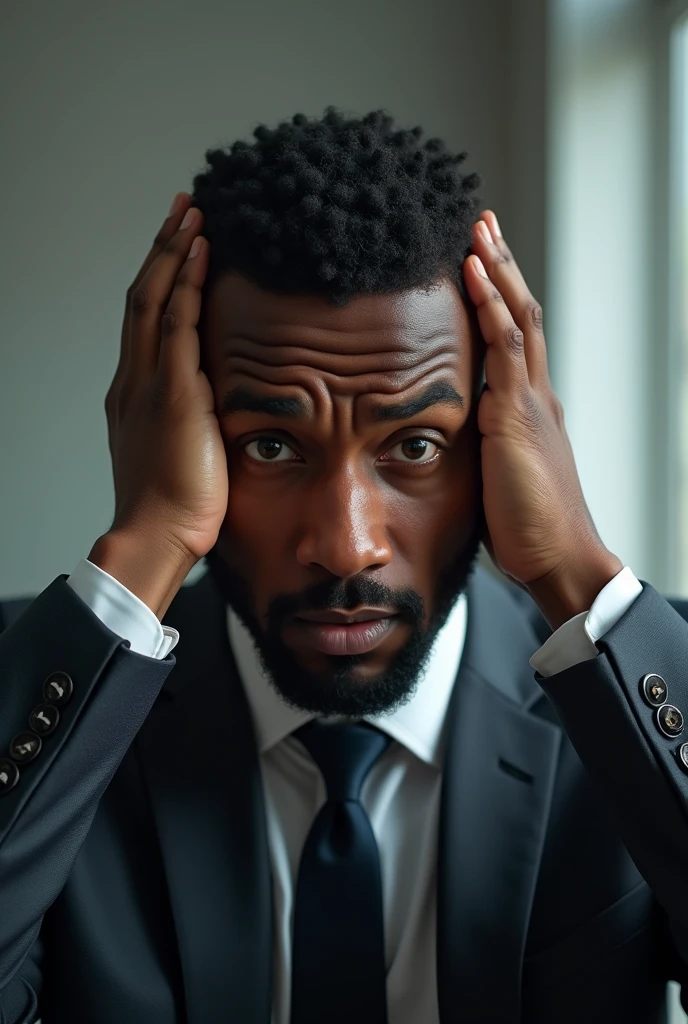 Worried handsome dark-skinned businessman with hands on head concerned about prices of control systems