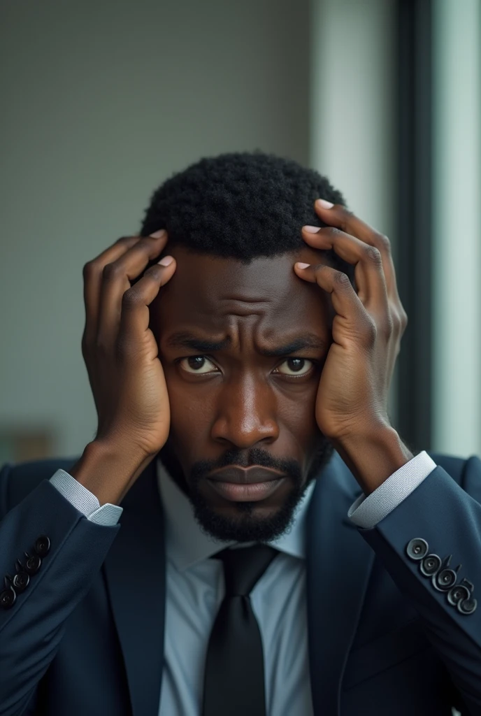 Worried handsome dark-skinned businessman with hands on head concerned about prices of control systems
