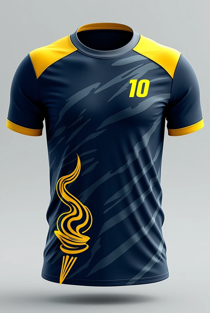 A sports t-shirt with a dynamic and striking design. The shirt has a deep navy blue base with an abstract swirl pattern covering the entire surface., giving a sense of movement. A graphic of a prominent torch, with a bright yellow outline, is positioned at the bottom left, symbolizing energy and determination. The collar and sleeve edges are highlighted with a contrasting yellow, adding vibrancy to the design. A small gray section around the collar breaks up the dark color scheme., providing balance to the overall look. Back to back with number ten