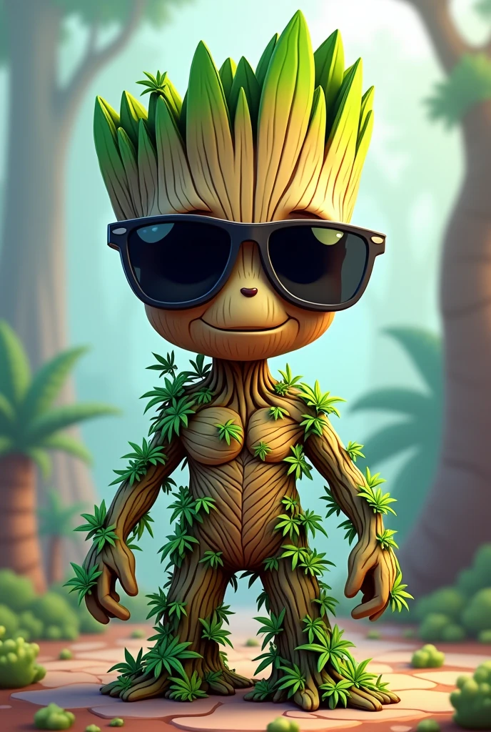 groot énerver avec des lunettes noirs avec des petites plantes de canabis qui pousse sur lui style cartoon