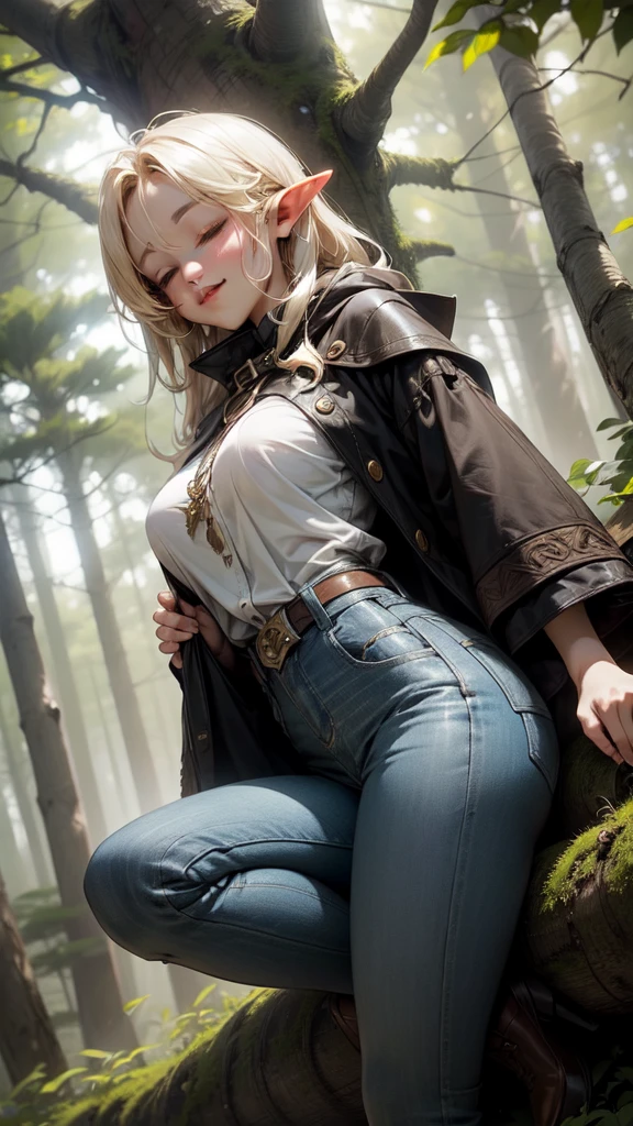 longshot、A very young elf girl napping under a tree in the forest、Beautuful Women、smil、blond hair、Big Breasts、I can see your pants