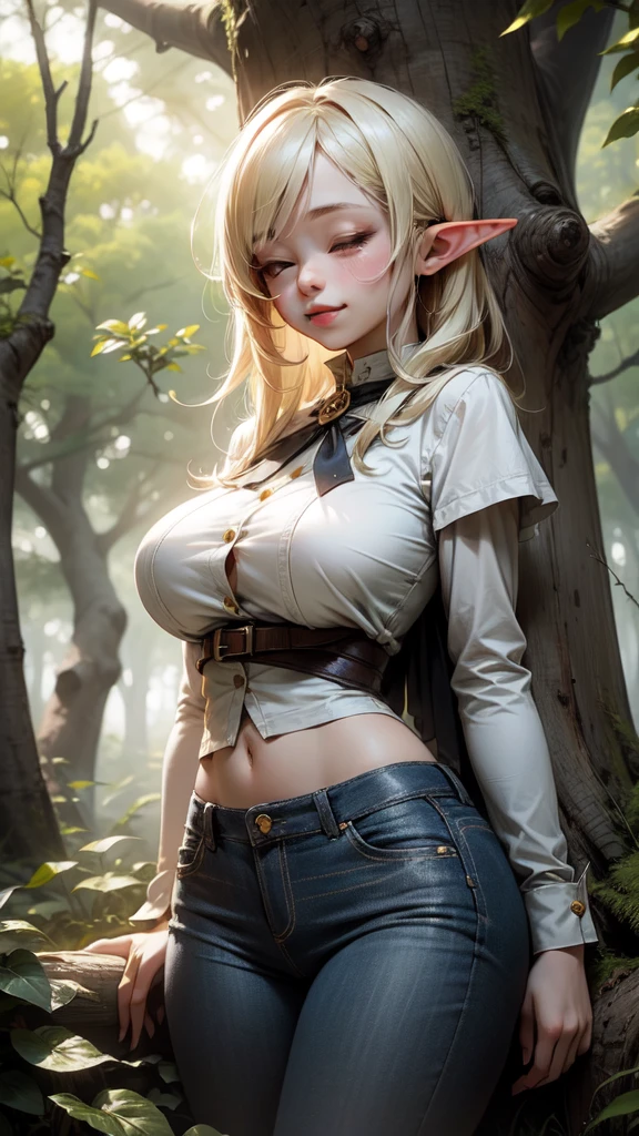 NSFW Photo of Elven Goddess, hyperdetailed intricately detailed art trending on Artstation triadic colors Unreal Engine 5 detailed , 8k resolution, deviantart masterpiece, fully naked, nude, (gigantic breasts: 1.8), seductive, clean pale skin, perfect round pale pink nipples, (wavy long blonde hair cascading down her back: 1.2), light blue detailed eyes, long pointy ears, fancy black make-up, black brows, eyeliner, sunny forest in the background
