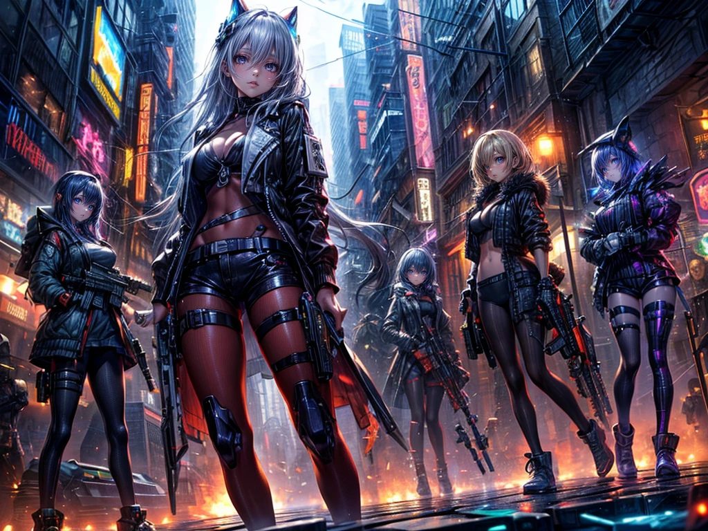 High resolution, Winner of numerous awards, Ultra high definition, Textured skin, Retina, 
masterpiece,(bestquality),highlydetailed,ultra-detailed,4girl, （Four gangster girls posing with weapons.:1.4）(gangsta paradise:1.2)（robot）(cybercitylandscape:1.2,natural lighting:1.5,confidentexpression),(Dramatic Angle:1.2)angle、（Beautiful girls in mafia suits:1.5）(Point your cyberweapon at me:1.6)(Focus on girls、Close-up)