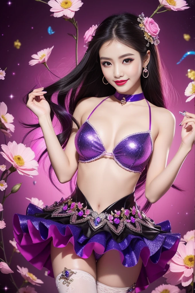 sexy Thai model who controls poison、beautiful smile、lipgloss、bold lipstick、intense makeup、look at the camera、full body Esbian、、sparkling poisoned flower costume、、、、sparkling Colorful hair、secrete poison、skull hair accessories、sexy tights、shiny sparkling flowers background