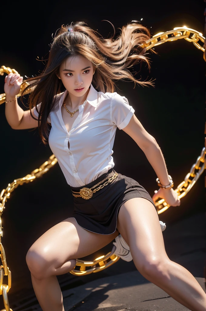 1 girl, thai university uniform, chains end with sharp spike:1.4, hyper-realistic:1.4, control chains, nebula chain, fantasy, white short-sleeve button up shirt:1.2, black tight torn mini skirt:1.2, brown suede belt:1.4, metal shirt buttons:1.2, black long messy hair:1.2, knee shot:1.2, masterpiece, best quality, high resolution, 16k, high detailed, face detailed, cinematic lighting, dynamic composition, long exposure, slim and perfect figure, perfect body proportion, unreal 5, golden chains wrap around hand and arm:1.4, fighter using chains as weapon:1.4, golden-aura:1.4, fighting stance:1.4, in dungeon, motion blur, depth of field