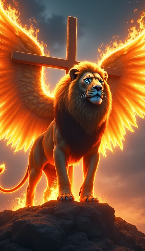 Gerenuma ultra realistic 8k image of a lion with angel wings on fire strong, big fit ass , handsome with blue eyes next to a cross at night