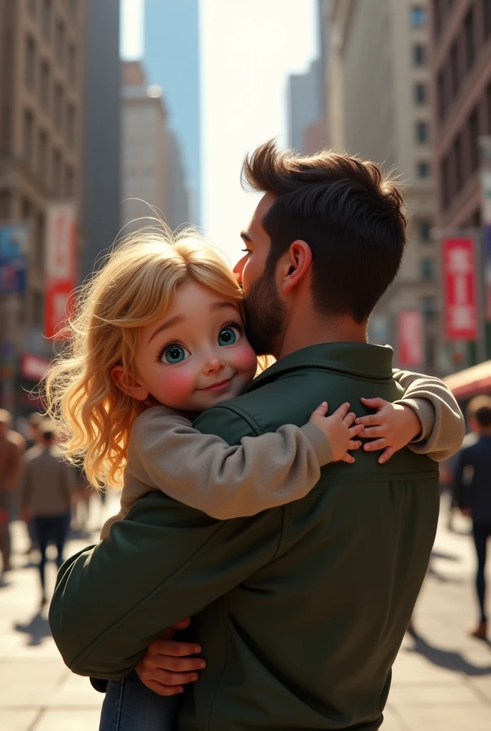  blonde  with blue eyes hugging her father dark brown hair and brown eyes on the streets of NY 8k ultra realistic photorealistic 