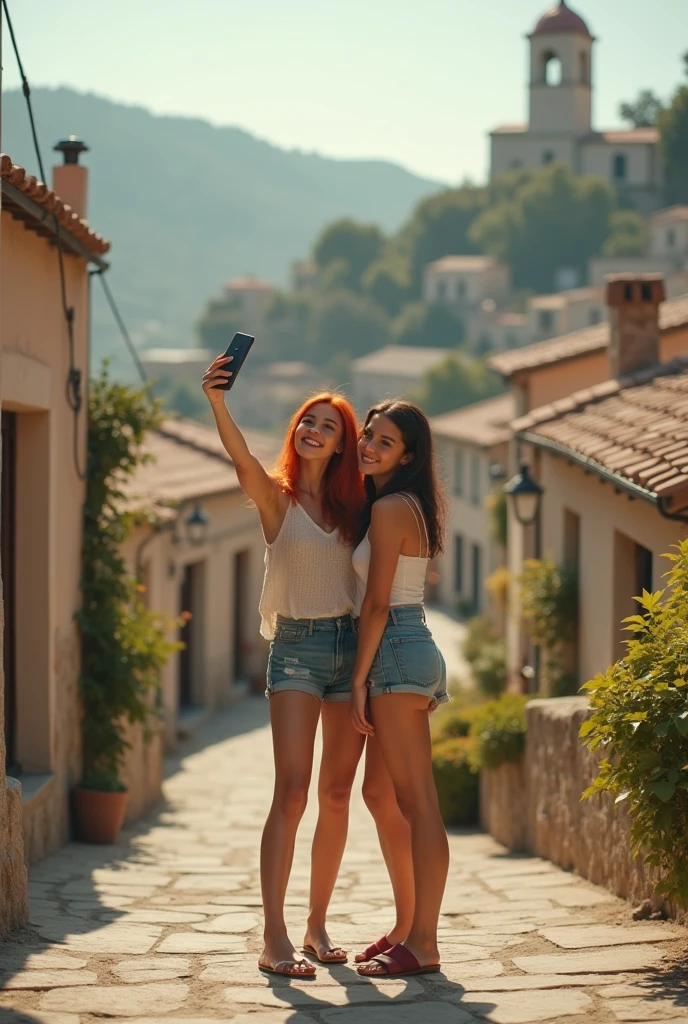 2 girl, redheadwear, taking a selfie in front of a typical building on one of Nice's hills. She wears shorts, tank top and flat sandals. Typical houses. FoggyEstilo de David Hamilton.