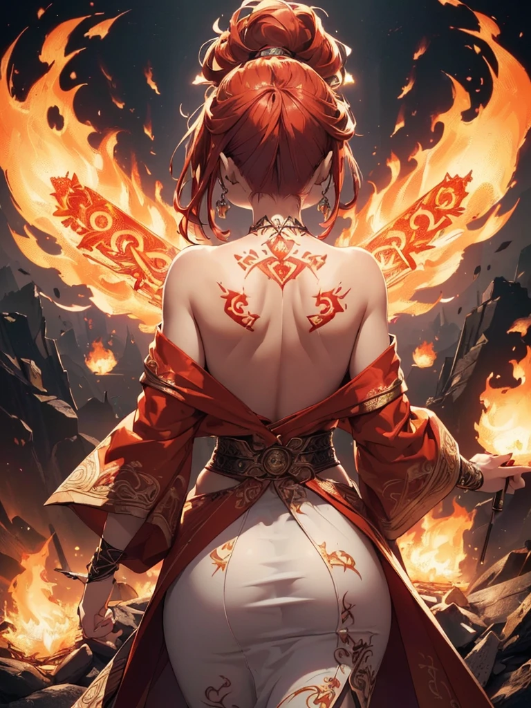 (((best quality, sharp image, clear image, cinematic lighting, 8k resolution, masterpiece, ultra detailed, intricate))) Girl, (((looking over left shoulder))), (shot from behind), fire mage, ((intricate background)), ((chaotic background)), red hair, smiling, ((flame runes, flame sigils)), (tatoo on back), slim figure, flying sigils