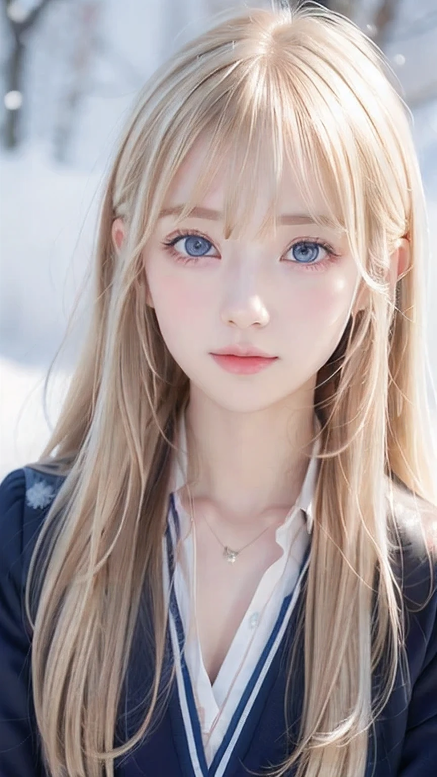 A very beautiful Nordic girl、Super long silky shiny metallic butter blonde hair、Cute beautiful girl with sexy messy bangs、Hair above the eyes、片Hair above the eyes、Hair between the eyes、uniform、Super long beautiful blonde hair、Beautiful bangs between the eyes、Very beautiful cute face、Cute beautiful gentle expression、high school girl、Big, pale, very bright sky blue eyes that shine beautifully、Small Face Beauty、Round face、Snow-white glossy skin、