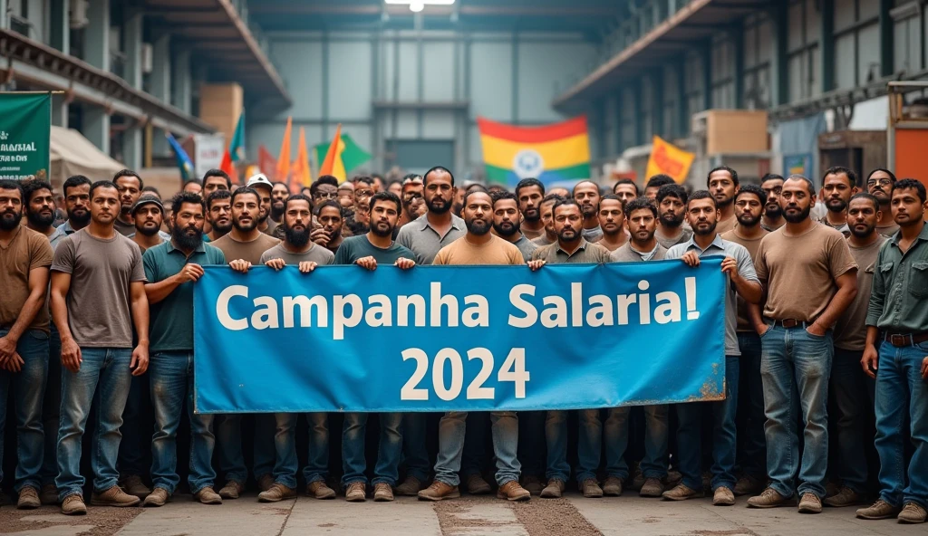A high-definition Canon DSLR photo of a large group of Brazilian metalworkers cats, standing united in front of a modern factory. Their skin and uniforms are marked with dirt, and they hold a large blue banner with white text that reads "Campanha Salarial 2024". In the background, more workers hold various banners and posters, adding depth and energy to the scene.