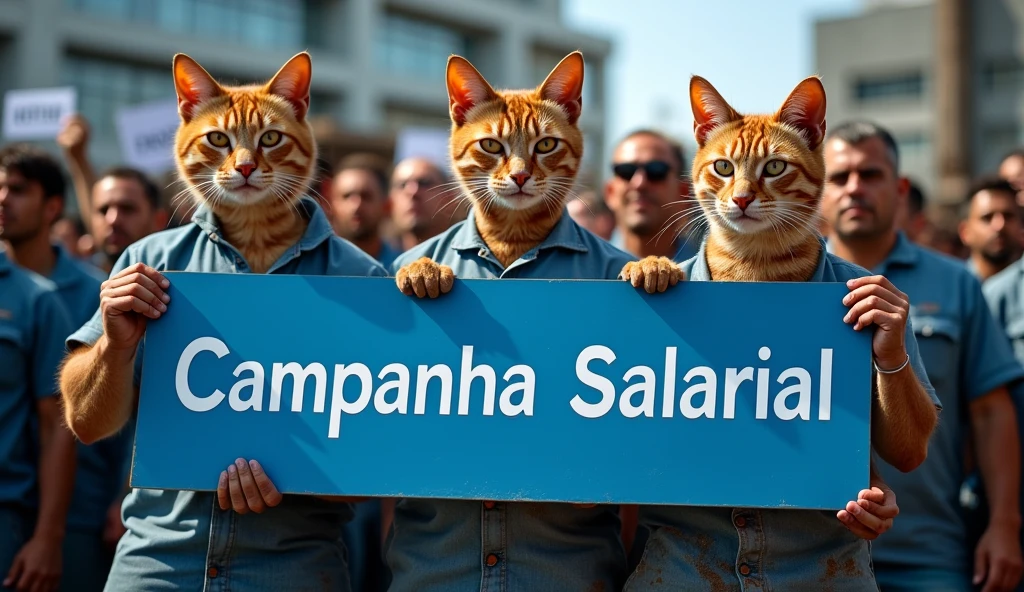 A high-definition Canon DSLR photo of a large group of Brazilian metalworkers, men and women, with cat faces, standing united in front of a modern factory. Their skin and uniforms are marked with dirt, and they hold a large blue banner with white text that reads "Campanha Salarial 2024". In the background, more workers hold various banners and posters, adding depth and energy to the scene. 