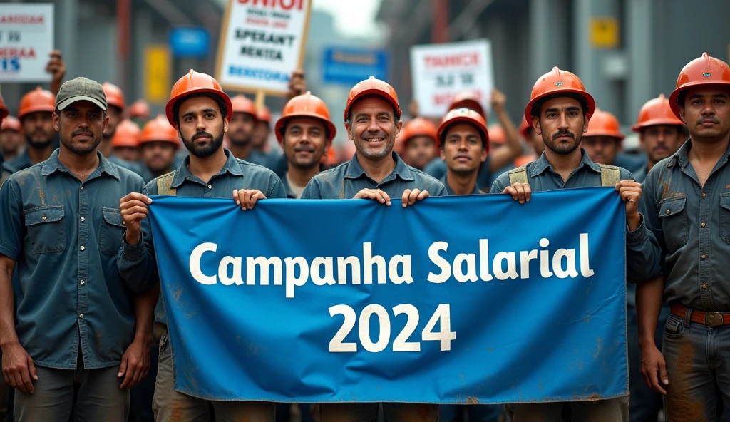A high-definition Canon DSLR photo of a large group of Brazilian metalworkers cats, standing united in front of a modern factory. Their skin and uniforms are marked with dirt, and they hold a large blue banner with white text that reads "Campanha Salarial 2024". In the background, more workers hold various banners and posters, adding depth and energy to the scene.