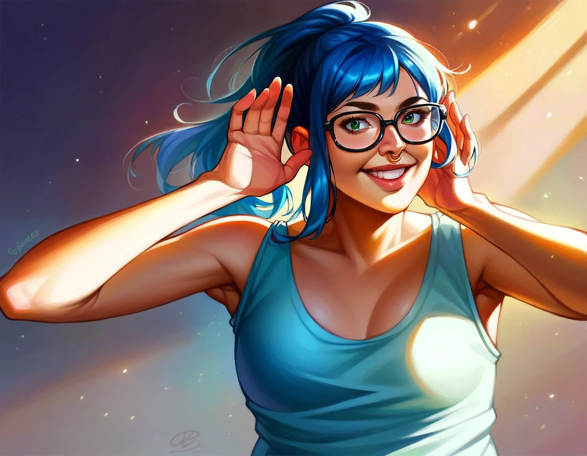 1girl, masterpiece, ((skinny girl, skinny arms)), ((dark eyeliner)), best quality, realistic face, black and blue hair with bangs and ponytail, large glasses, , , , green eyes, nose ring, chubby cheeks, long nose, low nose, high lips, dark eyebrows, ((trad blue and grey sundress)), specular sunlight, ((golden hour lighting)), back porch background, laughing pose, big smile