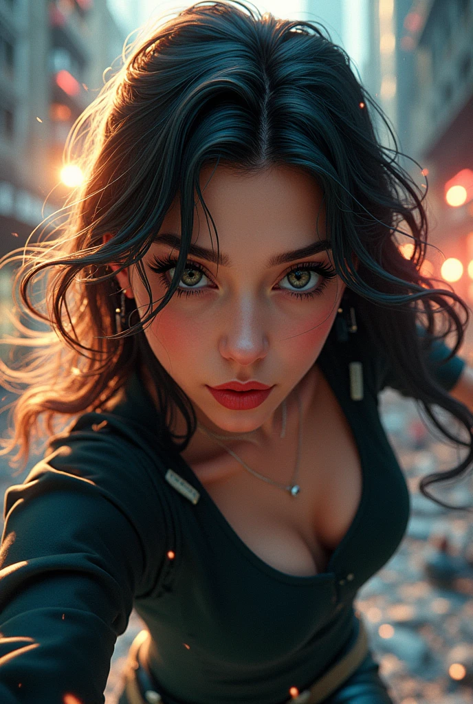 a girl in a comic book style, beautiful detailed eyes, beautiful detailed lips, extremely detailed face, longeyelashes, dynamic pose, action scene, dynamic lighting, colors black, comic book shading, motion blur, dynamic composition, (best quality,4k,8k,highres,masterpiece:1.2),ultra-detailed,(realistic,photorealistic,photo-realistic:1.37),concept art, digital painting como siluetas 