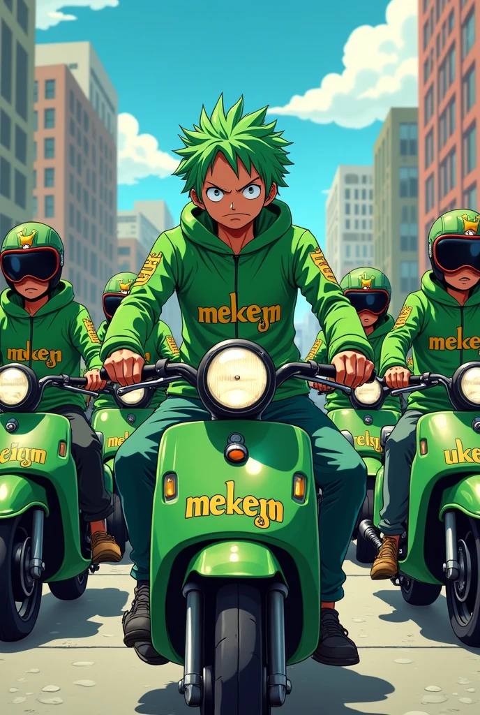 Anime One Piece Zoro is joining the moped motorcycle group , Green motorcycle clothing color , on the front of all the clothes there is the word Meluncurr , Oke Go clothing brand