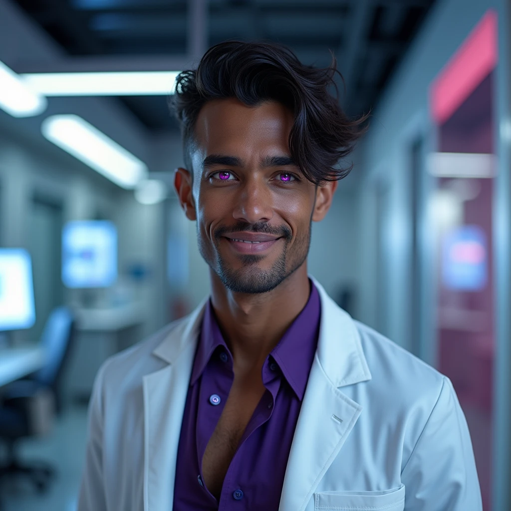 Photograph headshot, hair wavy-curl side parted, very tall French featured male model, shaved, toned body, ebony skin, vibrant purple eyes, tall thin toned body. Gentle smile expression. Doctor coat, dark purple shirt, modern sci-fi hospital office.