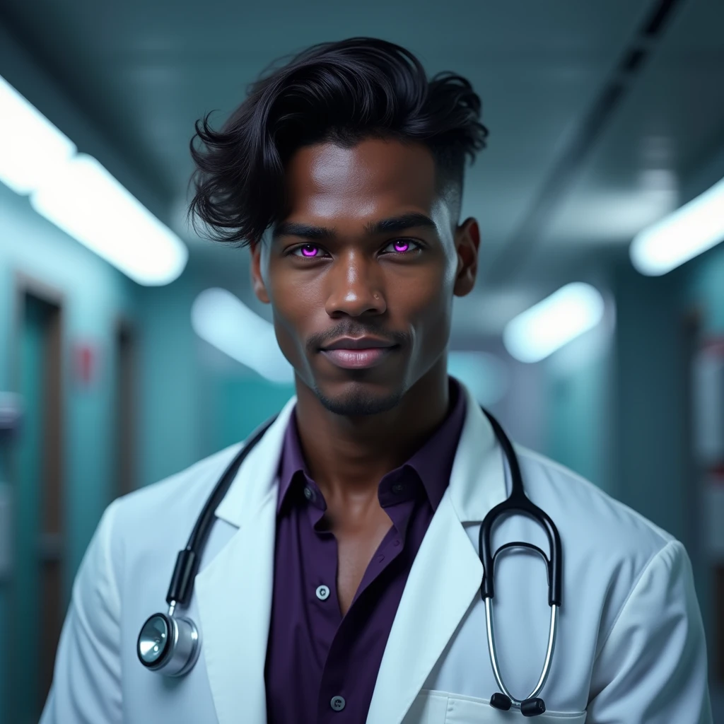 Photograph headshot, hair wavy-curl side parted, very tall French featured male model, shaved, toned body, ebony skin, vibrant purple eyes, tall thin toned body. Gentle smile expression. Doctor coat, dark purple shirt, modern sci-fi hospital office.