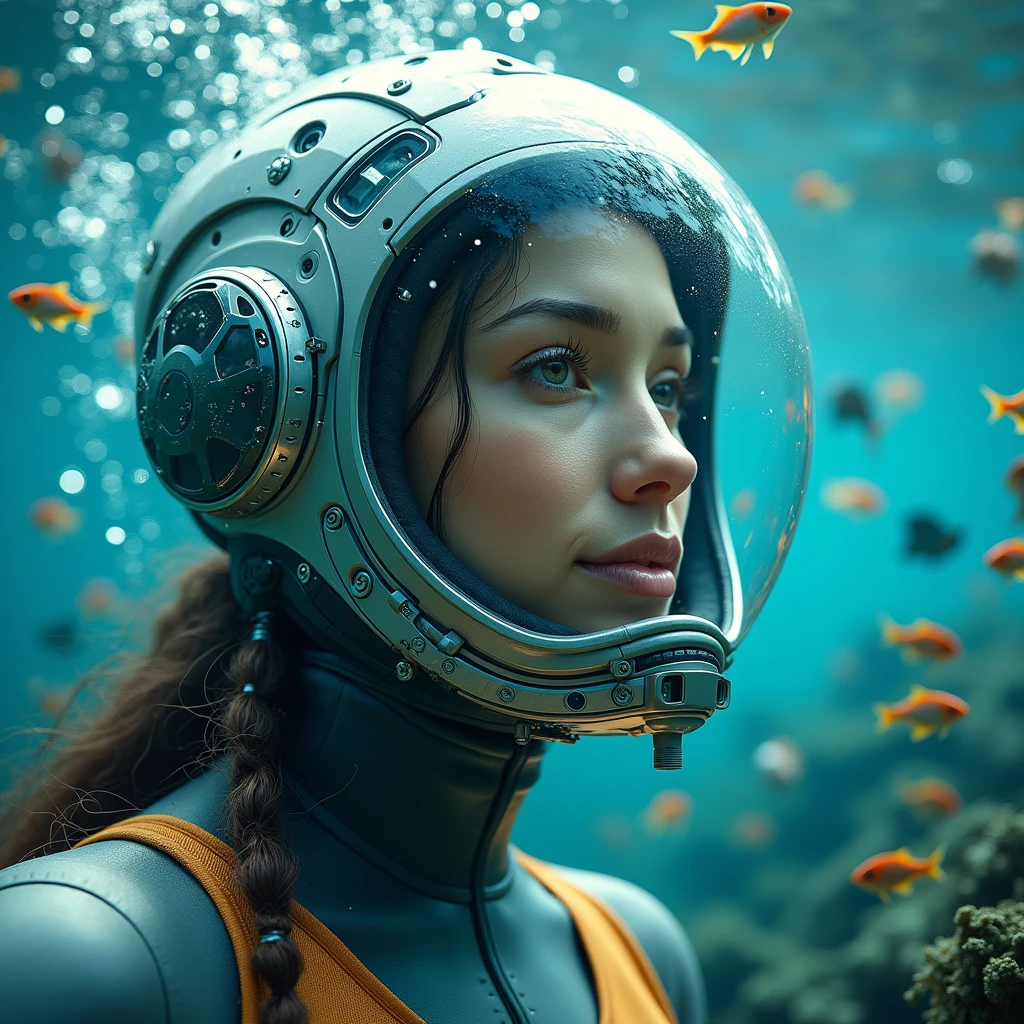 (work of art:1.2,Distinctive Quality,mirror-like,Cinematic experience),8k,wall-paper,,(A beautiful woman wearing a mechanical suit for underwater exploration interacts with fish on the seabed.:2.0),(Diving helmet for underwater exploration:2.0),(face detailed:2.0,gorgeous eyes:2.0,beautiful face:2.0,ssmile:2.0),(sf:2.0),(cyber punk),(future:2.0),(dynamic),(Beautiful underwater representation:2.0),(Beautiful sunlight shining on the sea:2.0),(Visual effects),(dynamic),(Expression of bubbles under the sea:2.0),(The woman is surrounded by countless small, colorful and beautiful fish.:2.0),(Draw the seabed clearly:2.0),(From the side:2.0),(close-up of the upper body:2.0)