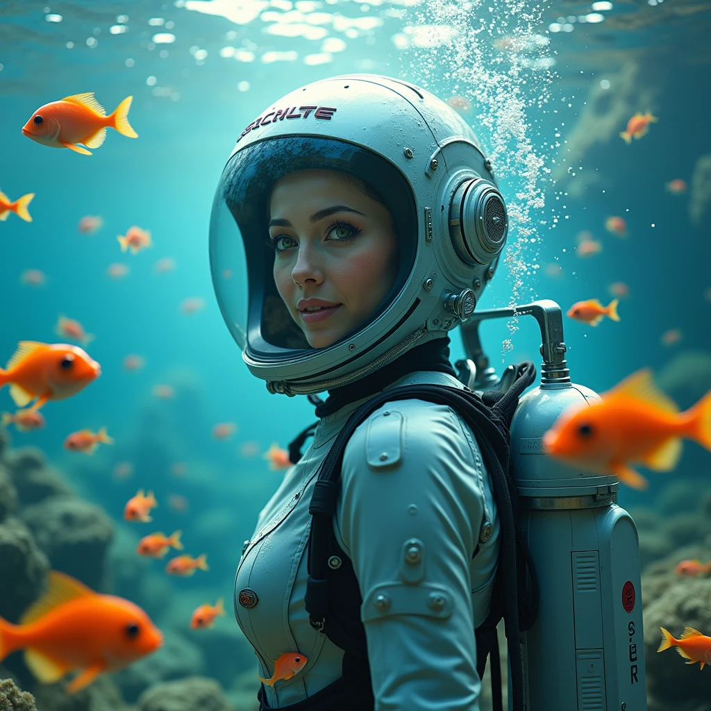 (masterpiece:1.2,Distinguished Quality,Mirror-like,Cinematic Experience),8k,wallpaper,,(A beautiful woman wearing a mech suit for underwater exploration interacts with fish on the seabed.:2.0),(Diving helmet for underwater exploration:2.0),(Detailed face:2.0,Beautiful Eyes:2.0,Beautiful Face:2.0,smile:2.0),(sf:2.0),(cyber punk),(future:2.0),(dynamic),(Beautiful underwater depiction:2.0),(Beautiful sunlight shining into the sea:2.0),(VFX),(dynamic),(Expression of bubbles under the sea:2.0),(The woman is surrounded by countless colorful and beautiful small fish.:2.0),(Draw the seabed clearly:2.0),(From the side:2.0),(Upper body close-up:2.0),(Electronic data is displayed on the helmet shield:2.0)