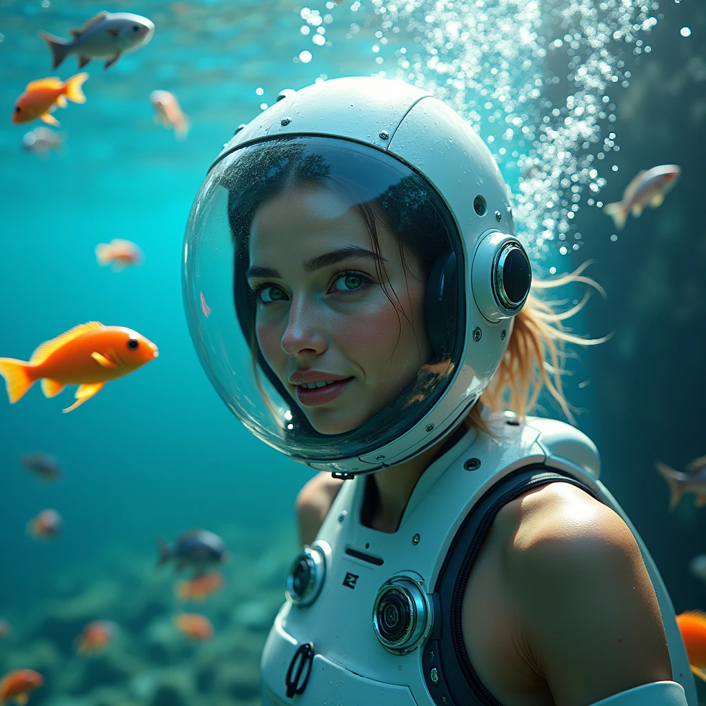 (work of art:1.2,Distinctive Quality,mirror-like,Cinematic experience),8k,wall-paper,,(A beautiful woman wearing a mechanical suit for underwater exploration interacts with fish on the seabed.:2.0),(Diving helmet for underwater exploration:2.0),(face detailed:2.0,gorgeous eyes:2.0,beautiful face:2.0,ssmile:2.0),(sf:2.0),(cyber punk),(future:2.0),(dynamic),(Beautiful underwater representation:2.0),(Beautiful sunlight shining on the sea:2.0),(Visual effects),(dynamic),(Expression of bubbles under the sea:2.0),(The woman is surrounded by countless small, colorful and beautiful fish.:2.0),(Draw the seabed clearly:2.0),(From the side:2.0),(close-up of the upper body:2.0)
