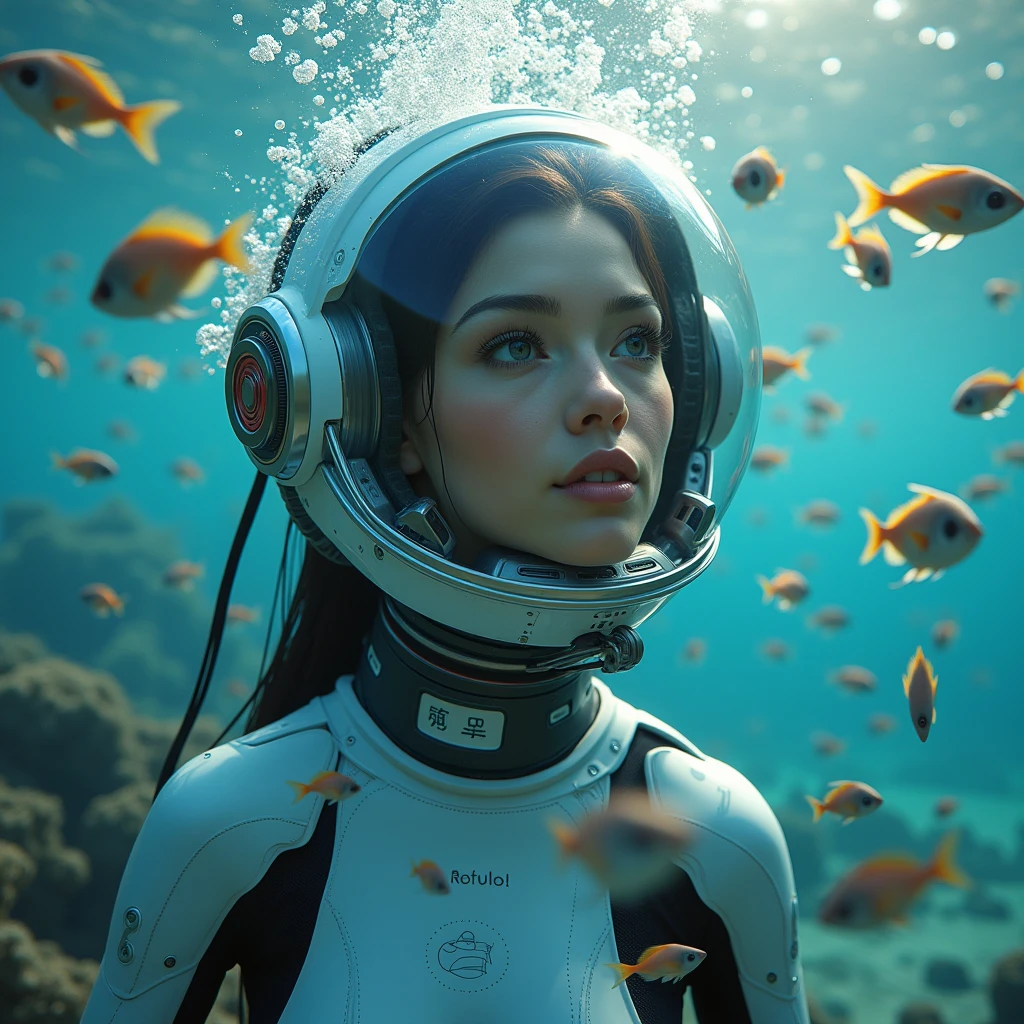 (work of art:1.2,Distinctive Quality,mirror-like,Cinematic experience),8k,wall-paper,,(A beautiful woman wearing a mechanical suit for underwater exploration interacts with fish on the seabed.:2.0),(Diving helmet for underwater exploration:2.0),(face detailed:2.0,gorgeous eyes:2.0,beautiful face:2.0,ssmile:2.0),(sf:2.0),(cyber punk),(future:2.0),(dynamic),(Beautiful underwater representation:2.0),(Beautiful sunlight shining on the sea:2.0),(Visual effects),(dynamic),(Expression of bubbles under the sea:2.0),(The woman is surrounded by countless small, colorful and beautiful fish.:2.0),(Draw the seabed clearly:2.0),(From the side:2.0),(close-up of the upper body:2.0)