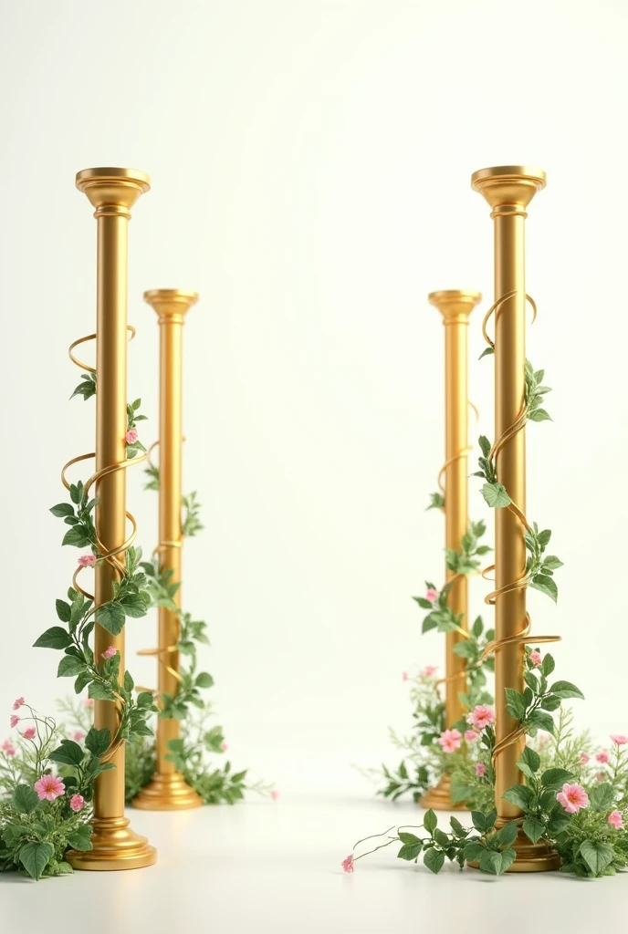 On white background, make me a 3d animated illustration, of very thin pillars that are golden with a vine around them, Green color, white and pink