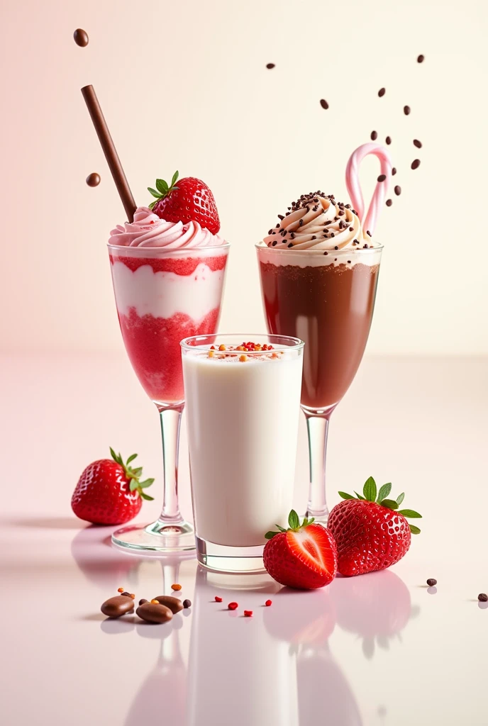 A company logo of strawberries and cream in two glasses, a glass of chocolate, one with sprinkles and one with milk,with the name creamy strawberries in English and with a slogan 
