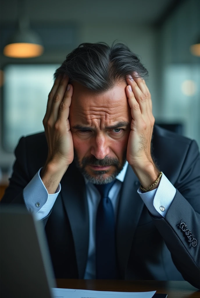 Worried handsome latin businessman with hands on head concerned about prices of control systems