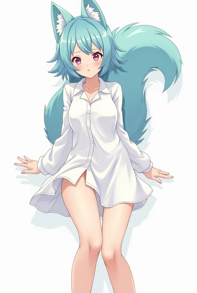 naked girl, large breasts, blue hair, long hair, blue eyes, fox ears, multiple tails, happy, full body city