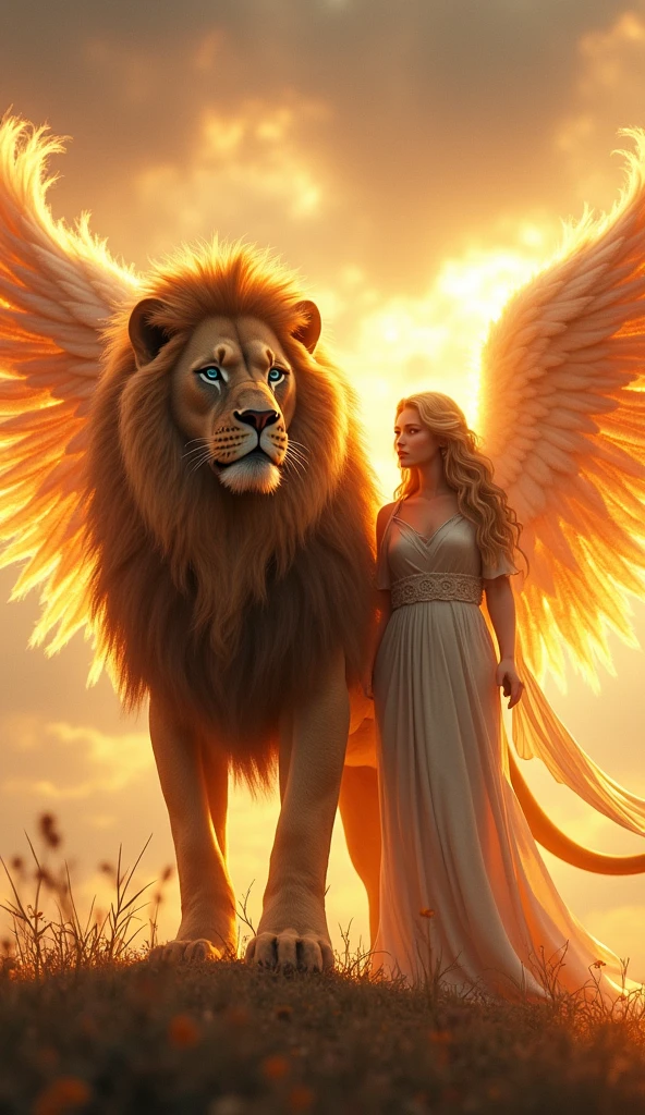 Gerenuma ultra realistic 8k image of a lion with angel wings on fire strong, big fit ass , handsome with blue eyes next to the angel
