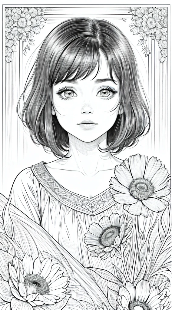 As a coloring book, white and black color, borders should be simple, clear, distinct, and thick lines, By Cartoon picture book of a beautiful Asian girl with short brown hair, A girl looking at camera, (Campo de flores), (Closeup), retrato, nuvem, arte de linha