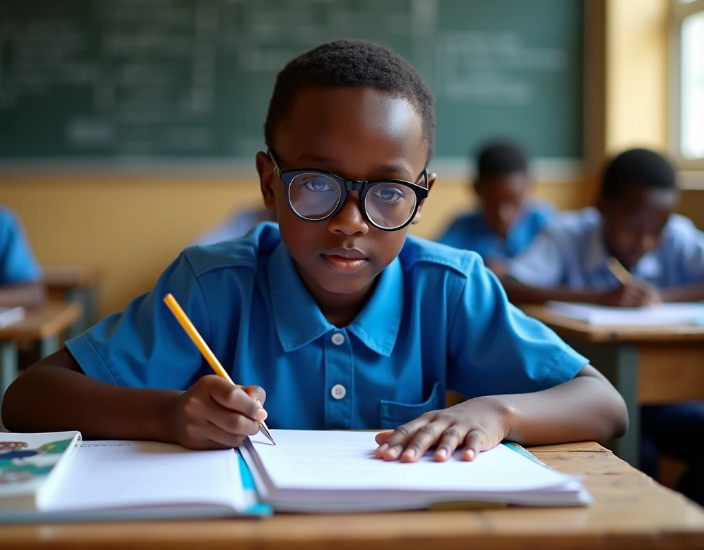 Developing cultural and intellectual skills, education according to the curricula prescribed for students , receiving information in the classroom, a close-up picture of a african student with glases wearing a blue uniform sitting on a school desk, performing school assignments
