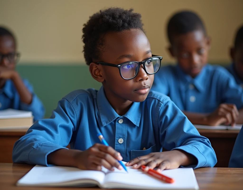 Developing cultural and intellectual skills, education according to the curricula prescribed for students , receiving information in the classroom, a close-up picture of a african student with glases wearing a blue uniform sitting on a school desk, performing school assignments