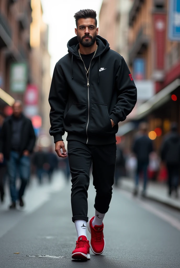 A handsome white skinned man, with beard, con short nike blanco, red jordan retro shoes, white nike socks and black nike jacket,  walking on the street