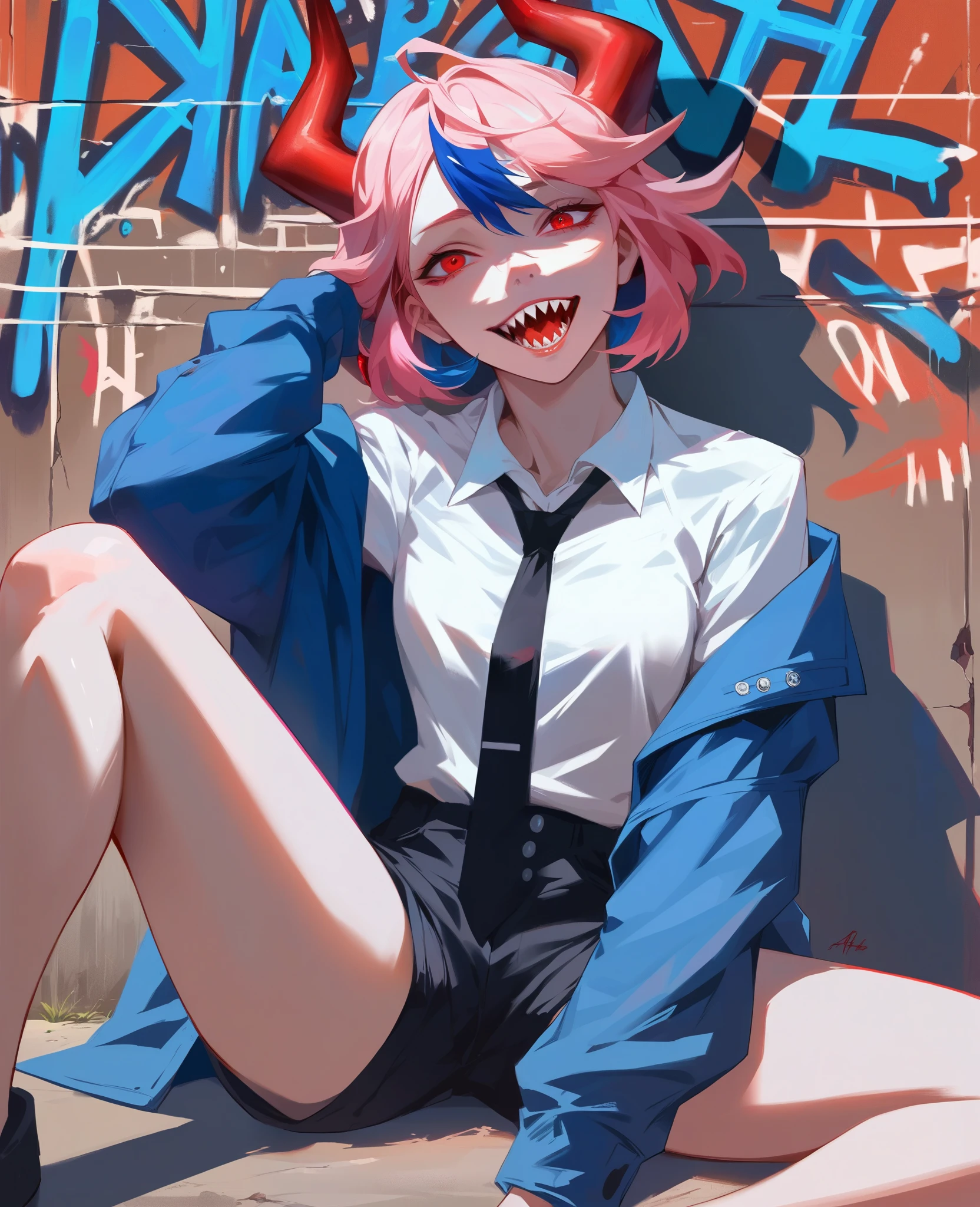 Digital illustration in a cinematic, stylized anime-inspired style featuring a highly detailed, anatomically correct female character with long, straight, light pink hair and red eyes. She has light skin and is depicted with red horns protruding from her head. The character is wearing a intricately designed white dress shirt, a black tie, and black shorts, with a blue jacket draped over her shoulders. The background is a swirling mix of prominent blue and gray tones, filled with detailed, swirling patterns and blue highlights that complement the character's intense appearance. Above the character, a stylized logo resembling an eye with text above it is placed in the upper central area. In the bottom left corner, the text 'Artvision1999' is written in a graffiti-like font. The character's expression is slightly aggressive, with her mouth open showing sharp teeth, with a focus on realistic facial anatomy. The overall composition is centered, with the character sitting on the ground, legs spread apart, with a dramatic lighting effect enhancing the cinematic atmosphere, rendered in high-resolution 4K