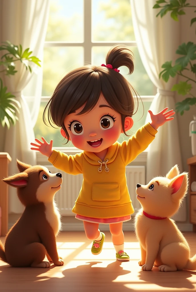 A girl playing with her pets