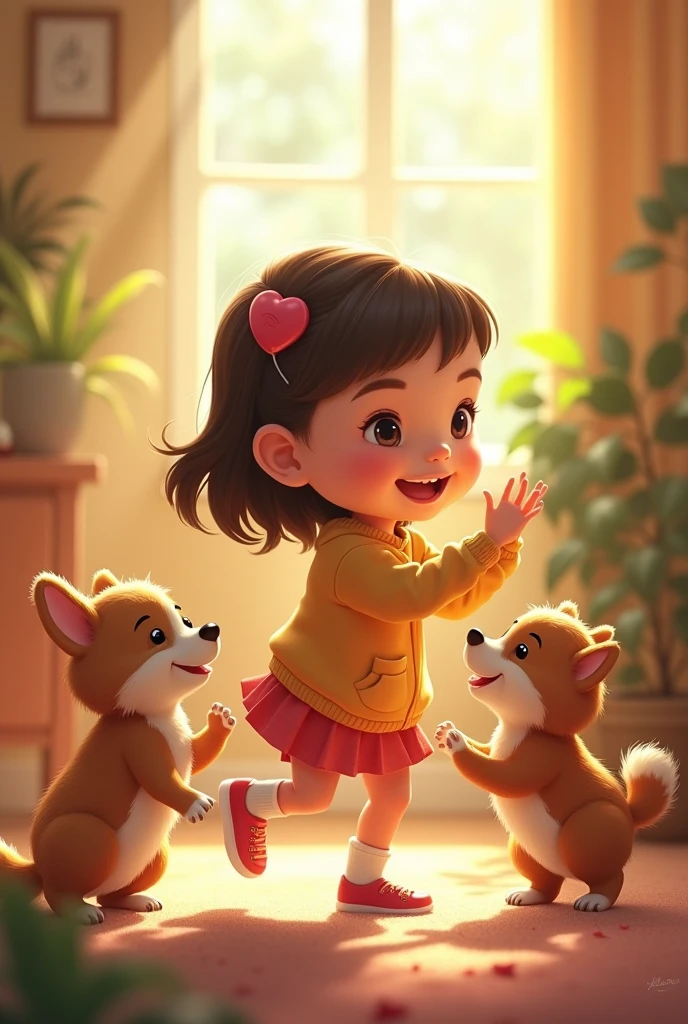 A girl playing with her pets