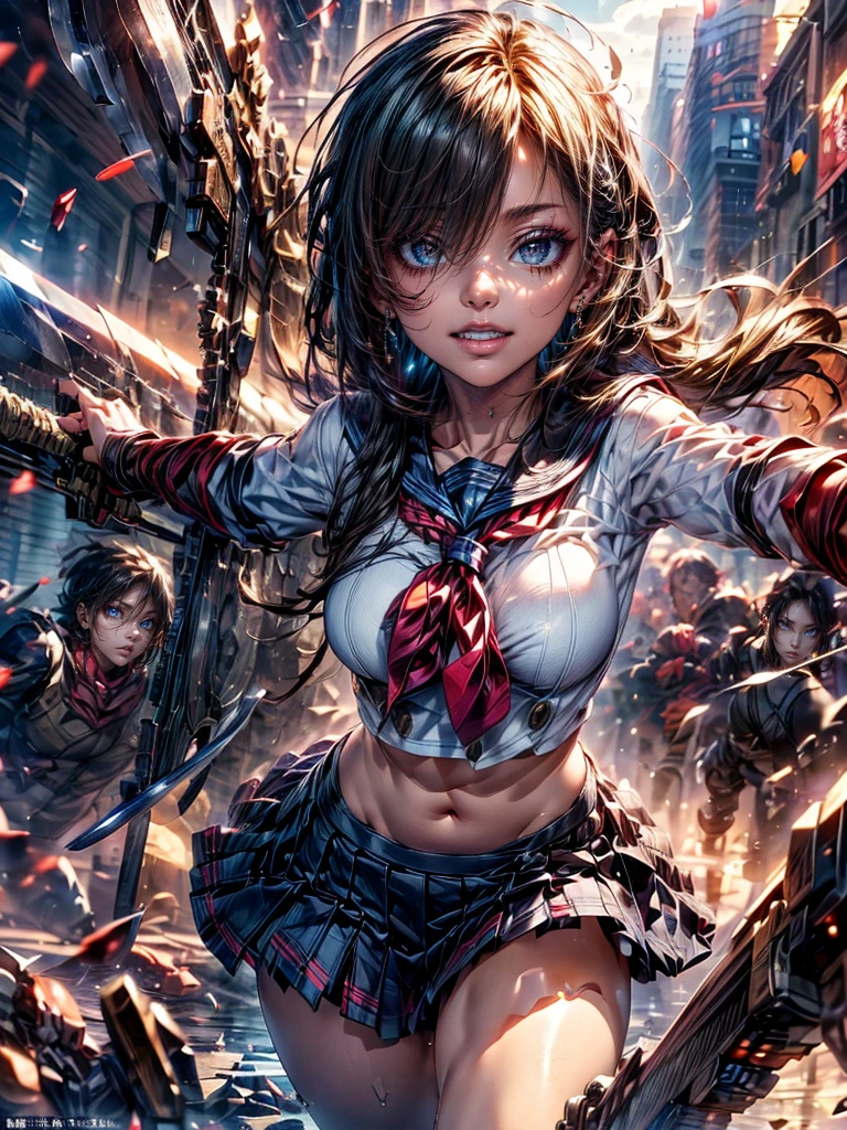 High resolution, Winner of numerous awards, Ultra high definition, Textured skin, Retina, 
masterpiece,(bestquality),highlydetailed,ultra-detailed,1girl, (Angry expression、Contempt:1.7)（robot）(fantasylandscape:1.2,natural lighting:1.5,confidentexpression),(panorama:1.2),mecha, angle、chrome,raw（A beautiful girl with black hair and a high schooluniform.sailor uniform:1.5）(Point your weapon at me:1.6)(Positioned to attack me:1.6)(beautiful face.)