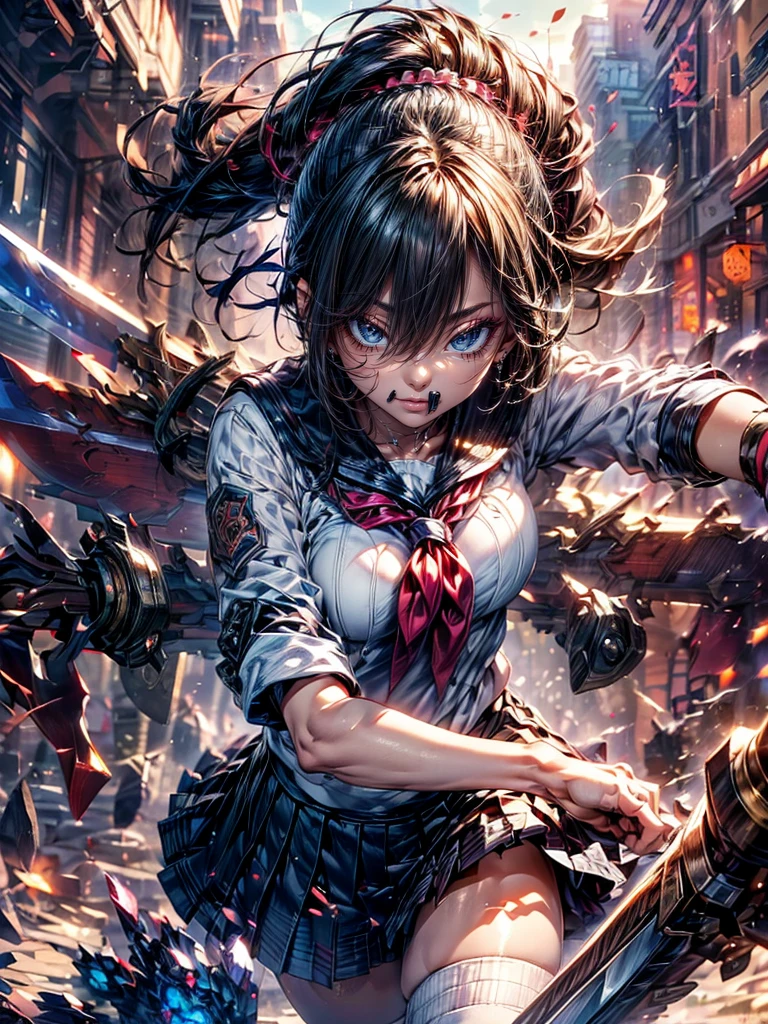 High resolution, Winner of numerous awards, Ultra high definition, Textured skin, retina,
masterpiece,(bestquality),highlydetailed,ultra-detailed,1girl, (Angry expression、Contempt:1.7)(roboT)(fantasylandscape:1.2,natural lighting:1.5,confidentexpression),(panorama:1.2),mecha, angle、chrome,raw(A beautiful girl with black hair and a high schooluniform.sailor uniform:1.5)(Point your weapon at me:1.6)(Positioned to attack me:1.6)(beautiful face.)(Sticking out tongue, It's crazy, Disgust, :1.8)(Positioned to attack me)(Damaged and torn clothes:1.5)