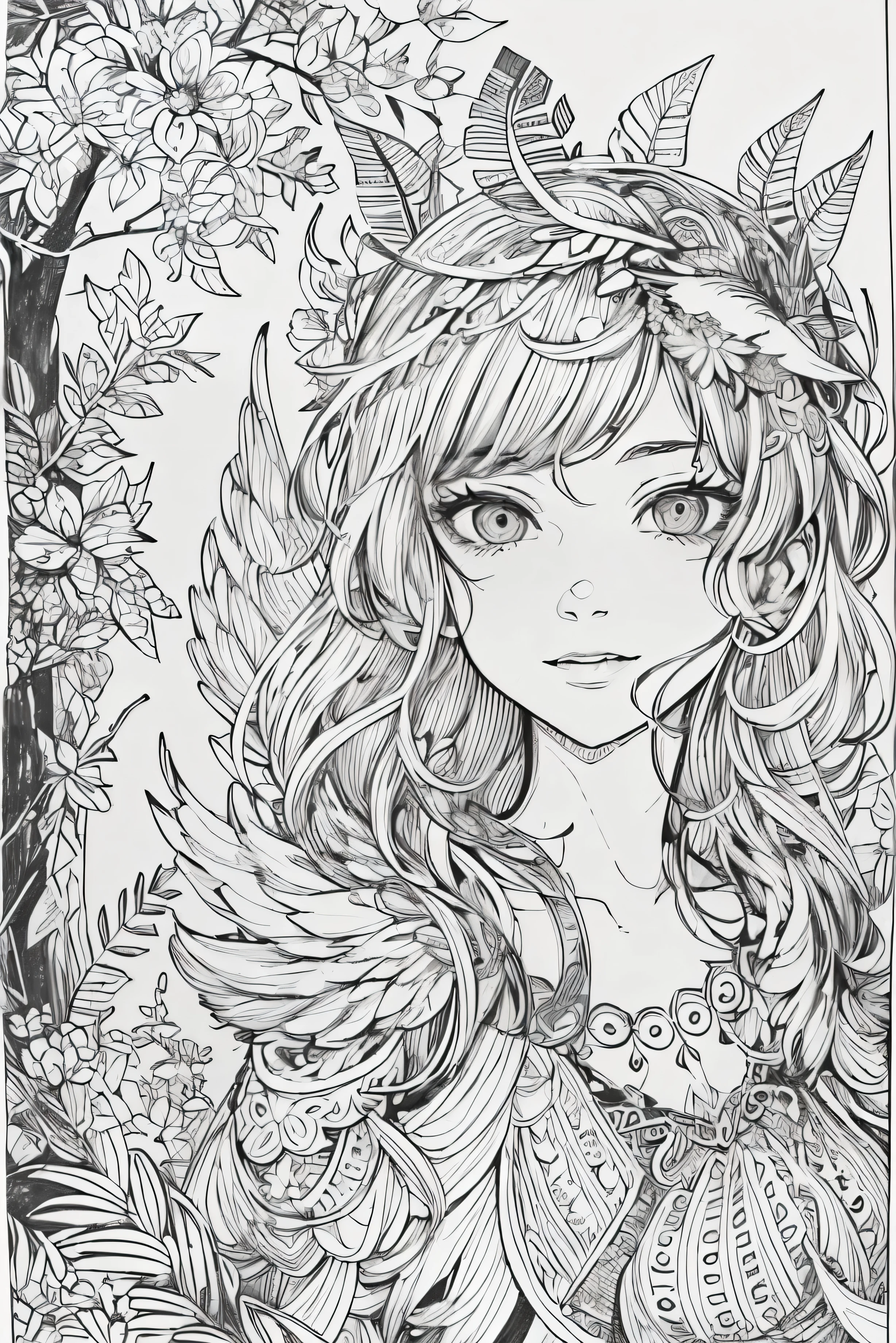 (A black and white coloring book:1.5),cute forest fairy,It has transparent feathers,simplification